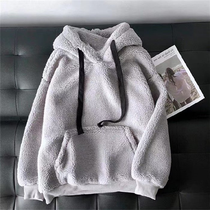 Lamb Wool Hoodie Women Autumn Winter Korean Loose Coat Sweatshirt Gray - Image 1