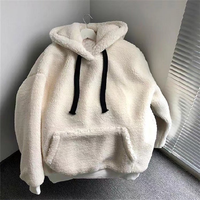 Lamb Wool Hoodie Women Autumn Winter Korean Loose Coat Sweatshirt Gray - Image 2