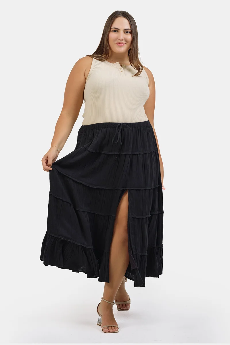 Virgio Solid Cotton Tiered Maxi Plus Size Skirt for Women