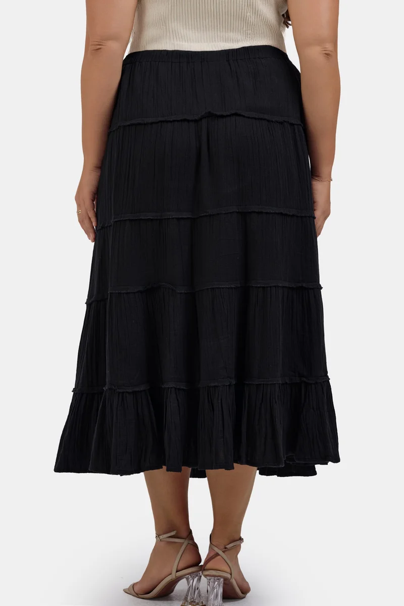 Virgio Black Solid Cotton Tiered Maxi Plus Size Skirt for Women for Women | Best Price UAE
