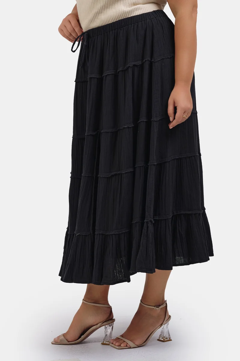 Virgio Black Solid Cotton Tiered Maxi Plus Size Skirt for Women for Women | Best Price UAE