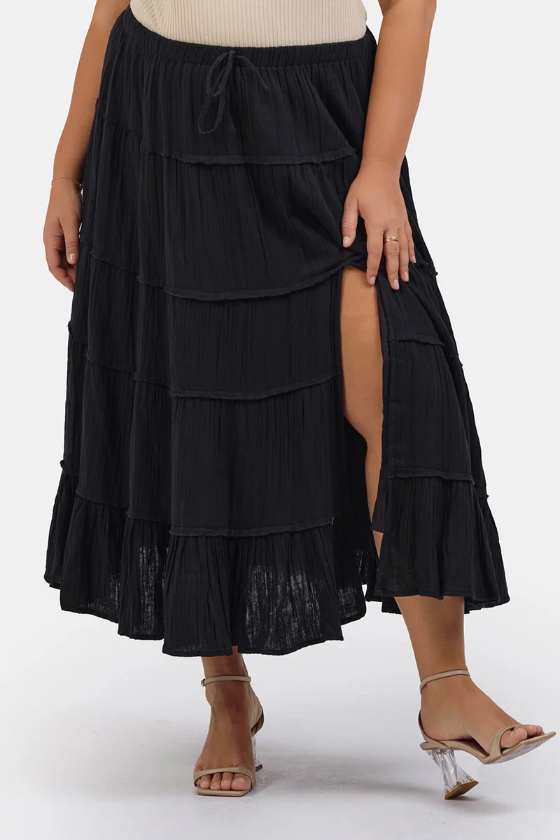 Virgio Black Solid Cotton Tiered Maxi Plus Size Skirt for Women for Women | Best Price UAE