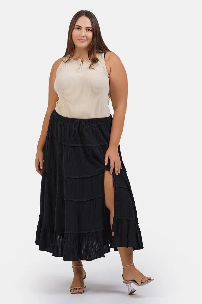 Virgio Solid Cotton Tiered Maxi Plus Size Skirt for Women