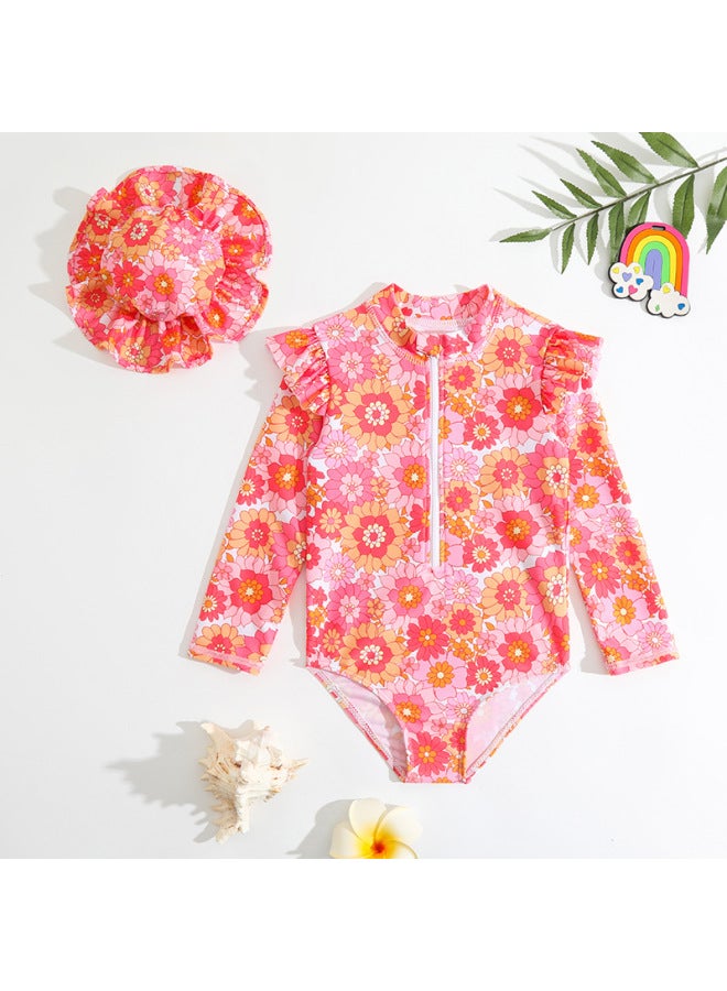 Generic Children's Swimsuit 2023 Girls Cute One-piece Sunscreen Swimsuit Direct Supply Can Be Distributed-Color:Pink Flower One-piece Swimsuit + Hat-pink- - Image 3