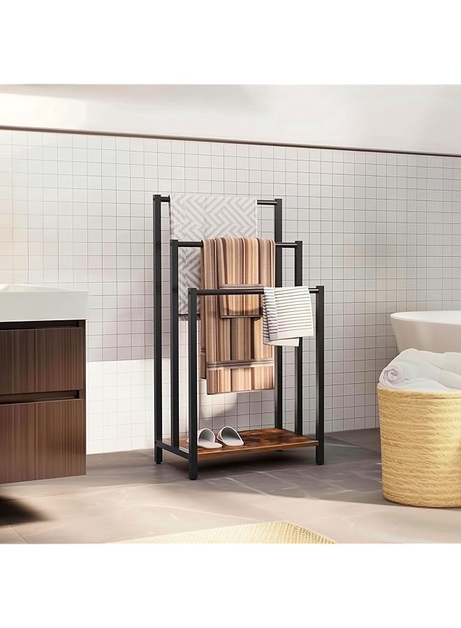 erorex Standing Towel Rack,Large 3 Tier BathroomTowel Rack Holder,Stand with Storage Shelf, Sturdy Metal Frame,Walnut Color Shelf,for Bathroom and Laundry Room
