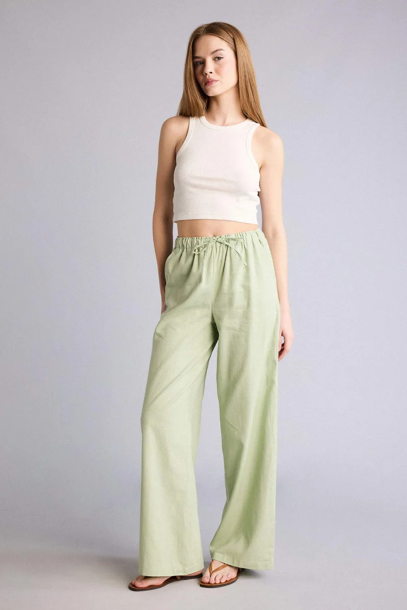 ديفاكتو Wide Leg Double Pocket Linen Blended Trousers