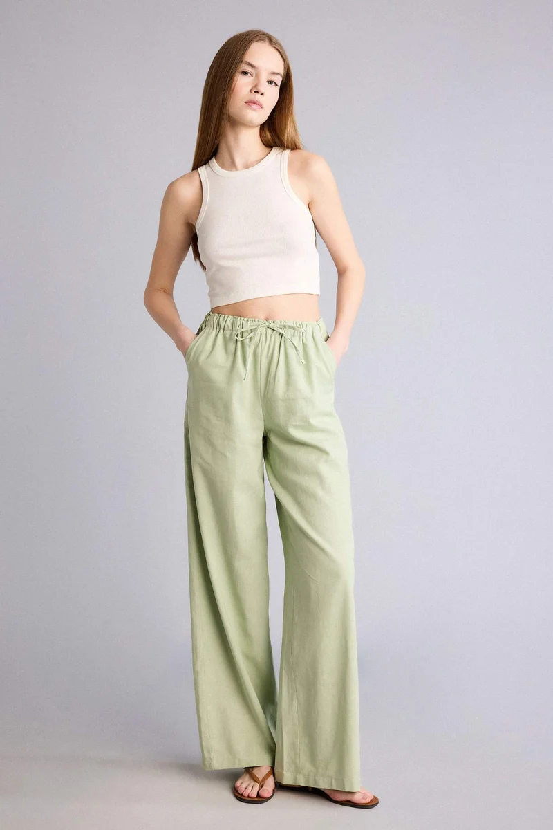 ديفاكتو Wide Leg Double Pocket Linen Blended Trousers