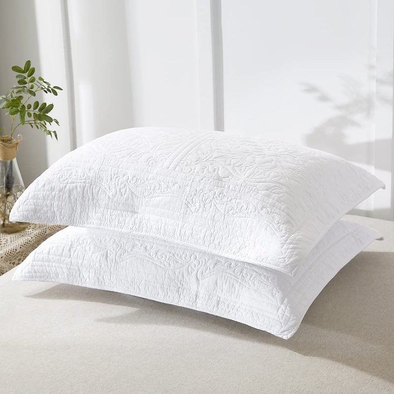 WINLIFE 100 Cotton Quilted Pillow Sham Floral Printed Pillow Cover White - Image 2