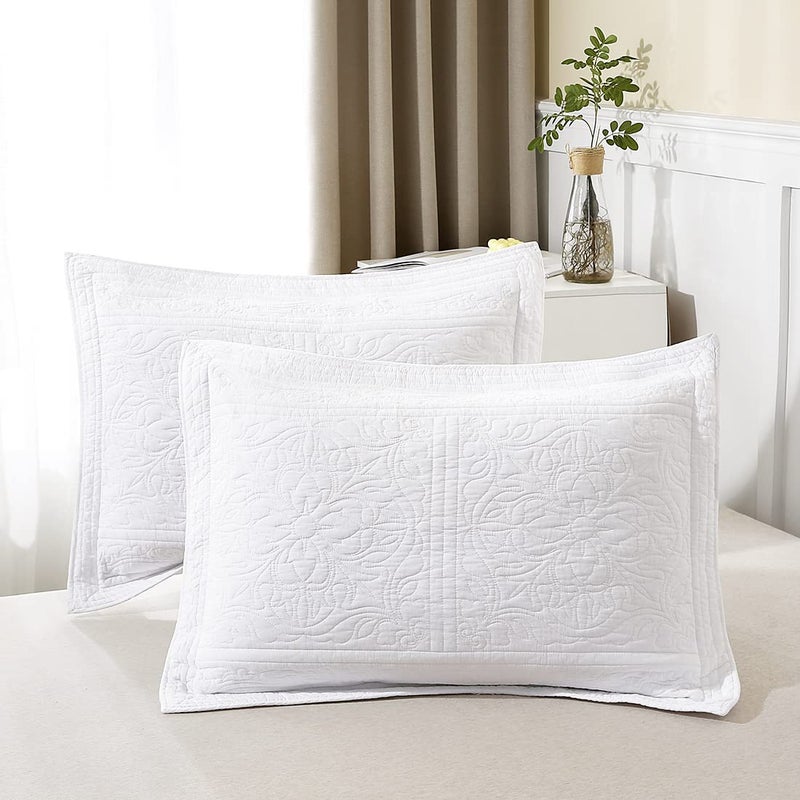 WINLIFE 100 Cotton Quilted Pillow Sham Floral Printed Pillow Cover White - Image 1