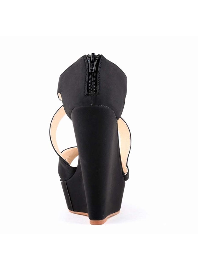 Versatile sandblasted wedge fish-mouth hollow women's sandals 14cm Black  - Image 3