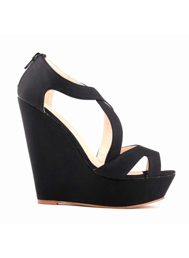 Versatile sandblasted wedge fish-mouth hollow women's sandals 14cm Black  - Image 2