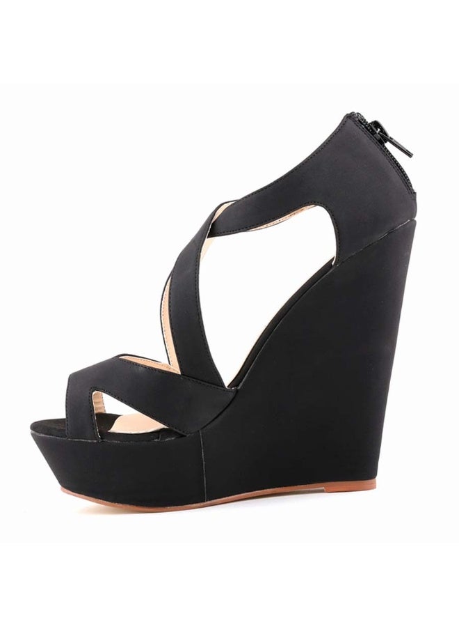 Versatile sandblasted wedge fish-mouth hollow women's sandals 14cm Black  - Image 1