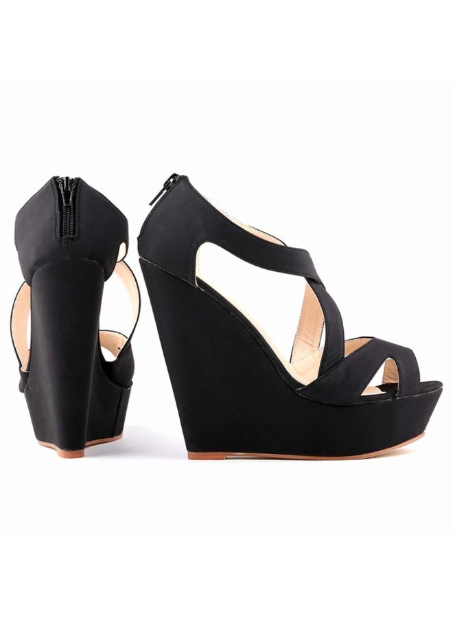 Versatile sandblasted wedge fish-mouth hollow women's sandals 14cm Black  - Image 4