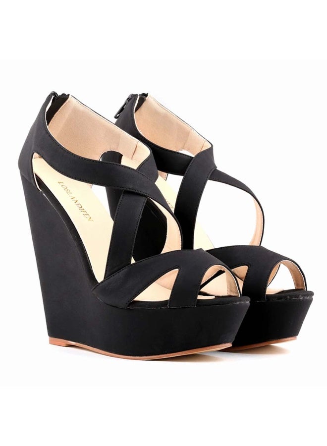 Versatile sandblasted wedge fish-mouth hollow women's sandals 14cm Black  - Image 5