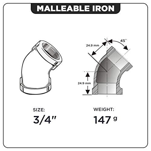 SUPPLYGIANT Supply Giant CNGG0034 3/4 in. 45 Degree Malleable Iron Elbow Fitting for High Pressures with Female Thread Connects and Black Finish - Image 4