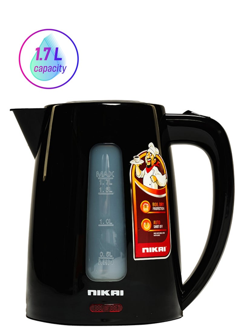 NIKAI 1.7 Liter Cordless Kettle 1850-2200 Watts, Auto Shutoff, Boil Dry Protection, Water Gauge, Light Indicator, 360 Degree Rotation Base 1.7 L 2200 W NK220AX Black - Image 1