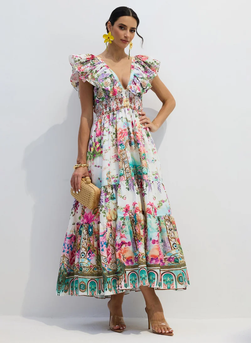 سنفير Lorena Floral Print Ruffle Maxi Dress