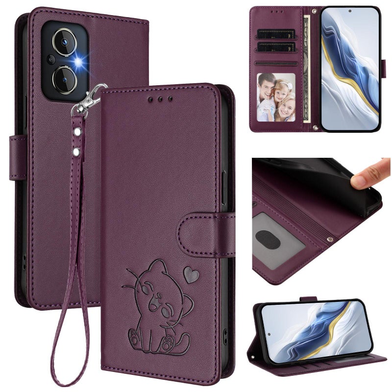 erorex For OPPO Reno8 4G / Reno7 4G Global Embossed  Cat Leather Phone Case with Hand Strap(Dark Purple) - Image 1