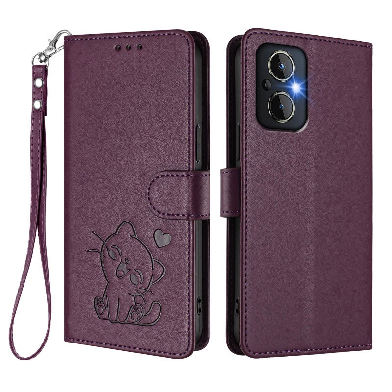 erorex For OPPO Reno8 4G / Reno7 4G Global Embossed  Cat Leather Phone Case with Hand Strap(Dark Purple) - Image 2