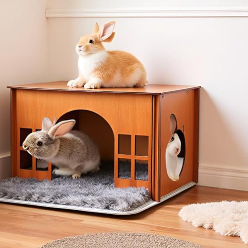 WHEARTED Large Rabbit Hideouts, Wooden Bunny House Rabbit Houses and Hideouts Habitat Castle for Indoor Bunnies, Guinea Pigs, Hamsters, Chinchillas - Image 2