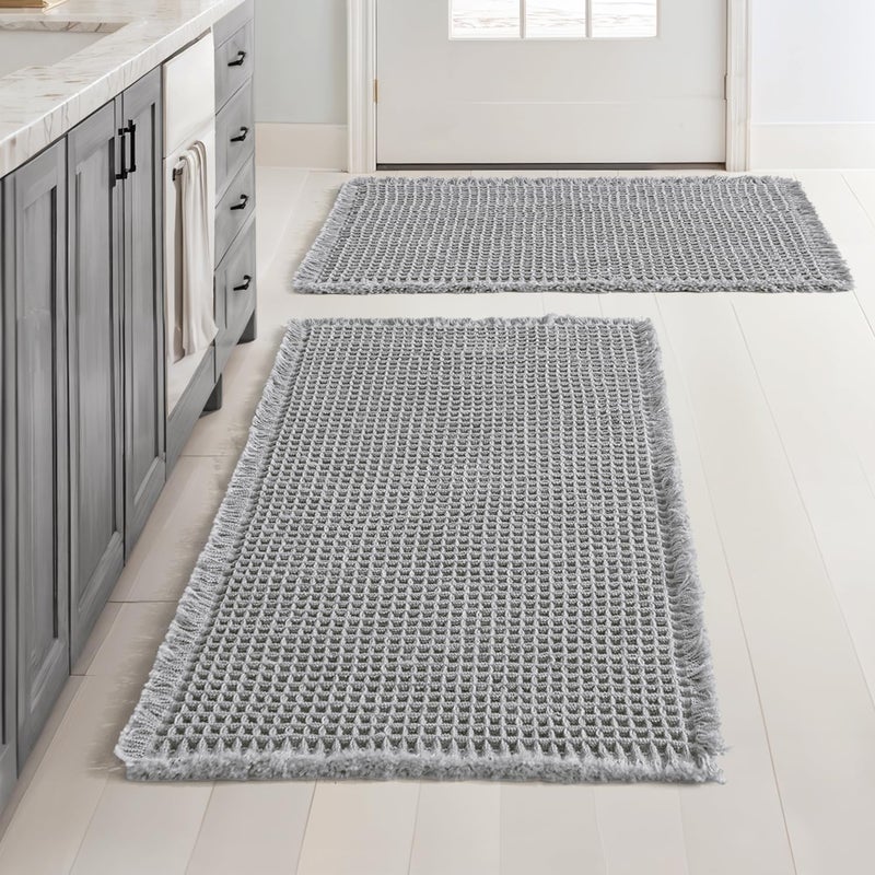 MIULEE Set of 2 Waffle Bathroom Rugs, Boho Bath Rugs Non Slip Washable, Super Absorbent Bath Mats, Ultra Soft Rubber Backed Shower Mats for Bathroom Floor, Tub and Shower, Light Grey, 18x30 Inch - Image 1
