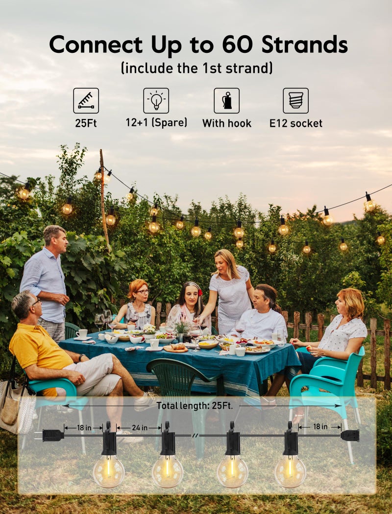 Brightown Outdoor String Lights 25 Feet G40 LED Patio Lights, Plug-in, 13 Plastic Edison Bulbs(1 Spare), Waterproof Connectable Hanging Light for Backyard Porch Balcony Party Decor, E12 Base, Black - Image 2