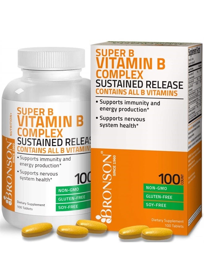 Bronson Super B Vitamin B Complex Sustained Slow Release (Vitamin B1, B2, B3, B6, B9 - Folic Acid, B12) Contains All B Vitamins 100 Tablets  - Image 1