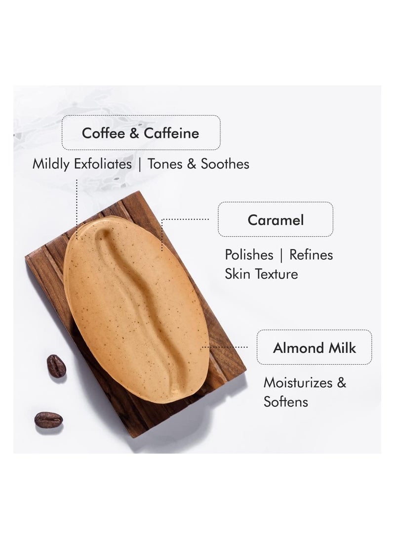 إم كافيين صابون الكافيين المقشر لإزالة السمرة مع القهوة وحليب اللوز والكراميل | صابون الاستحمام دي تان لتلميع وترطيب البشرة | صابون على شكل حبة الفول برائحة القهوة الطازجة | طبيعي ونباتي - Image 2