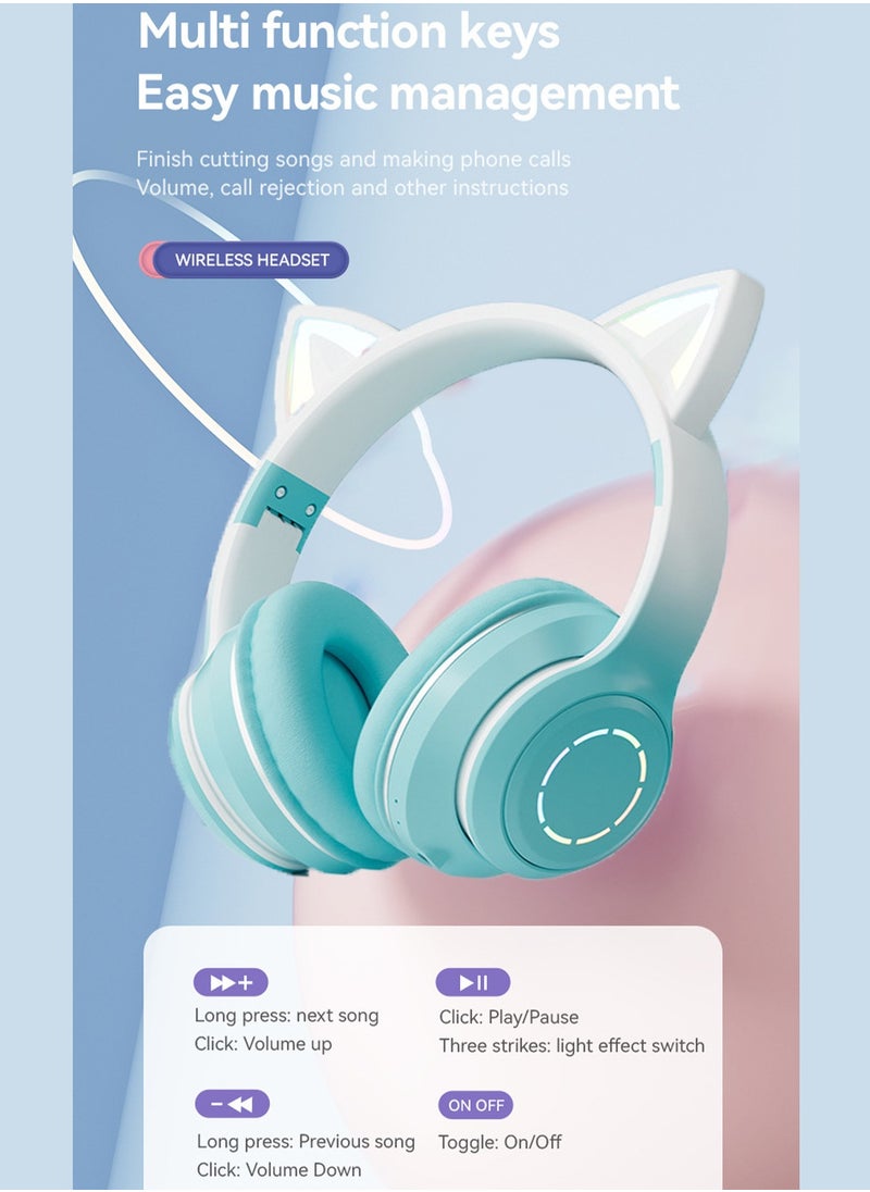 FlashHawk RGB Over-Ear Bluetooth Wireless Headphone, LED Cat-Ear Stereo Sound Headset, TF card/Wired/Wireless Mode, ST89M Green  - Image 3