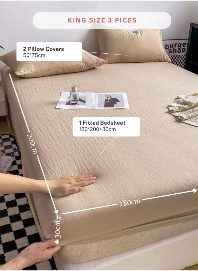 LUNA Home 3-Piece Set: king-size fitted bedsheet and two pillowcases, washable cotton in a beige color.  - Image 2