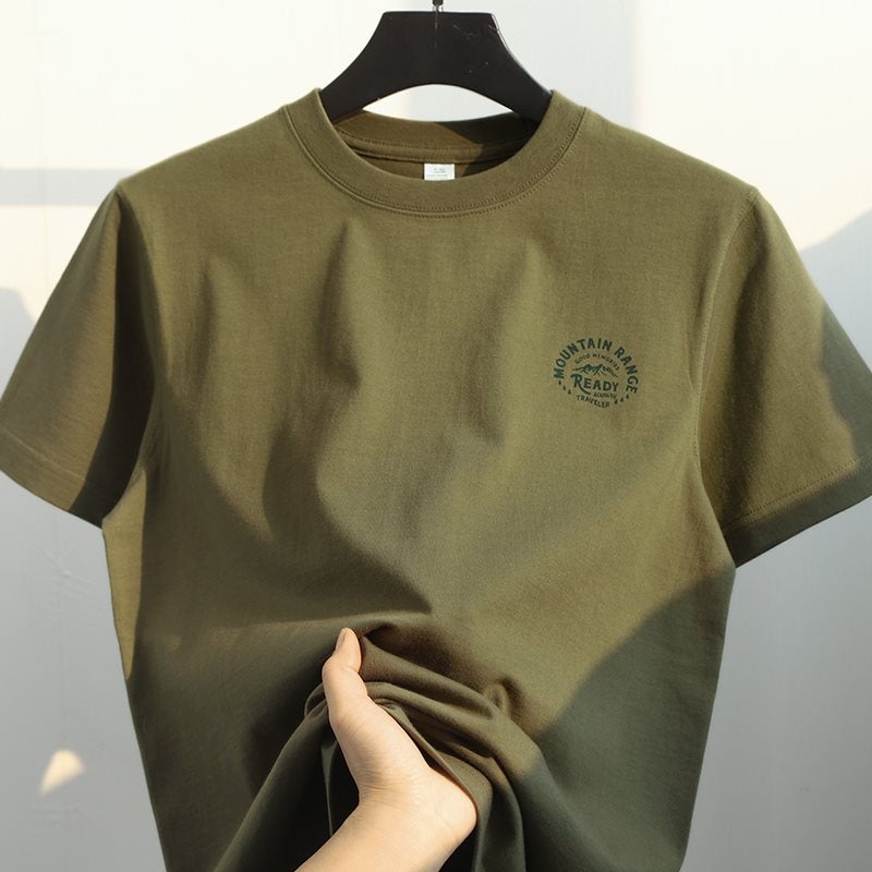 Retro Olive Green 250G Heavy Combed Cotton Crew Neck Printed Short Sleeve T-Shirt Men'S Army Green Design Sense Half Sleeve - Image 2