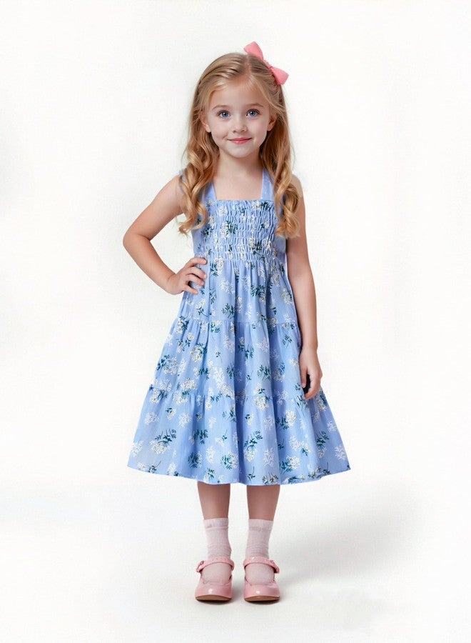 Magic Park Baby Toddler Girl Sleeveless Ruffle Dresses Child Summer Tiered Tie-Strap Beach Sundress Teen Casual A-Line Dress(Blue Floral, 1-2 Years) - Image 2