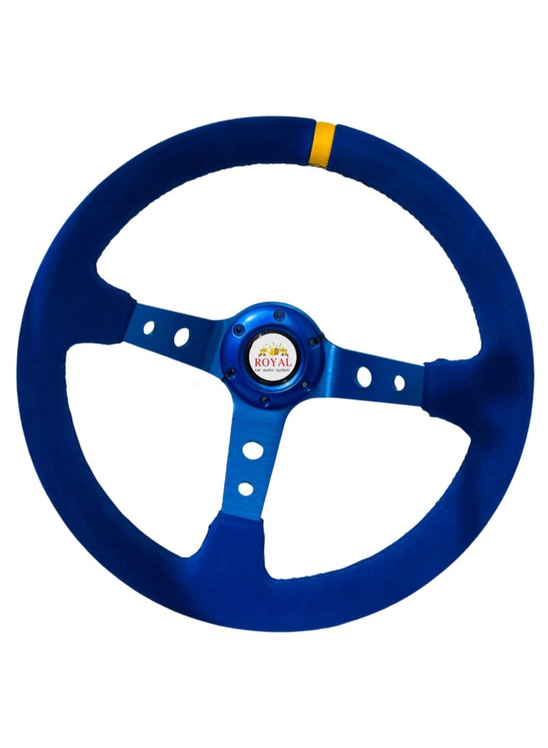 رويال ROYAL - عجلة قيادة عالمية مقاس 14 بوصة/350 مم من جلد الغزال، عجلة قيادة مقعرة عميقة مستديرة (O) للسباق/الألعاب/الرالي/رياضة السيارات (DYT-5125) (أزرق) - Image 1