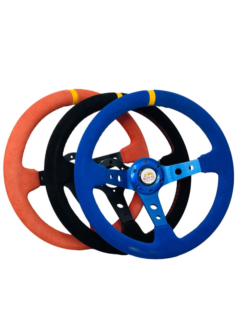 رويال ROYAL - عجلة قيادة عالمية مقاس 14 بوصة/350 مم من جلد الغزال، عجلة قيادة مقعرة عميقة مستديرة (O) للسباق/الألعاب/الرالي/رياضة السيارات (DYT-5125) (أزرق) - Image 2