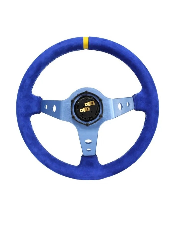 رويال ROYAL - عجلة قيادة عالمية مقاس 14 بوصة/350 مم من جلد الغزال، عجلة قيادة مقعرة عميقة مستديرة (O) للسباق/الألعاب/الرالي/رياضة السيارات (DYT-5125) (أزرق) - Image 4