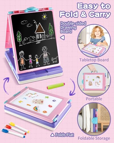 Elovien Easel for Kids 4 in 1 Double Sided Toddler Art Easel with Chalkboard Magnetic Whiteboard Foldable Kid Tabletop Easel with Drawing Writing Accessories Educational Gift for Girl Purple - Image 5