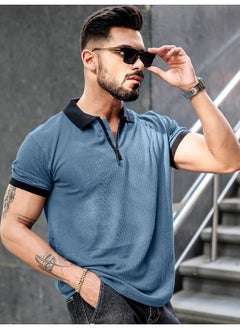 Mens Half Zip Polo Neck Solid Half Sleeve Denim Blue and Black Cotton Slim Fit T-Shirt - pzsku/ZF43221FB388E8F1616EDZ/45/_/1729517201/4a8a6e7b-bf2c-4230-819e-43fceebe1653