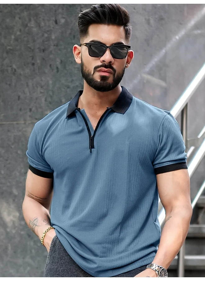 مانياك Mens Half Zip Polo Neck Solid Half Sleeve Denim Blue and Black Cotton Slim Fit T-Shirt