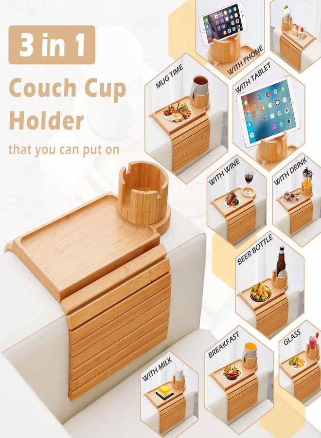 GHKINMAL Couch Cup Holder Tray, 3 in 1 Couch Arm Trays,Large Bamboo Chair Arm Rest Tray with 360° Cup Holder,Removable Anti-Slip Organizer for Snack Eating - Image 3