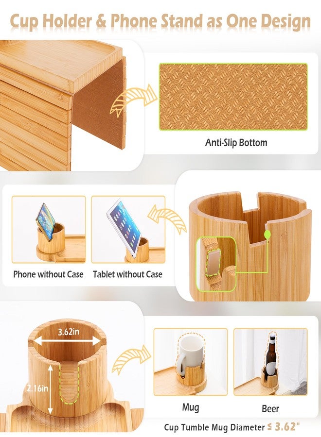 GHKINMAL Couch Cup Holder Tray, 3 in 1 Couch Arm Trays,Large Bamboo Chair Arm Rest Tray with 360° Cup Holder,Removable Anti-Slip Organizer for Snack Eating - Image 4