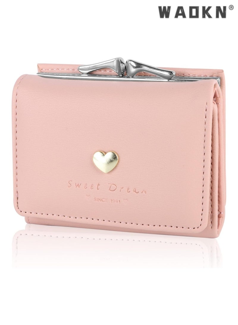 WAOKN Elegant Women's Wallet Handbags Leather Credit Card Holder, Lady's Purse Clutch with Heart-Shaped Metal Buckle, Fashionable Gift(Pink) - Image 1