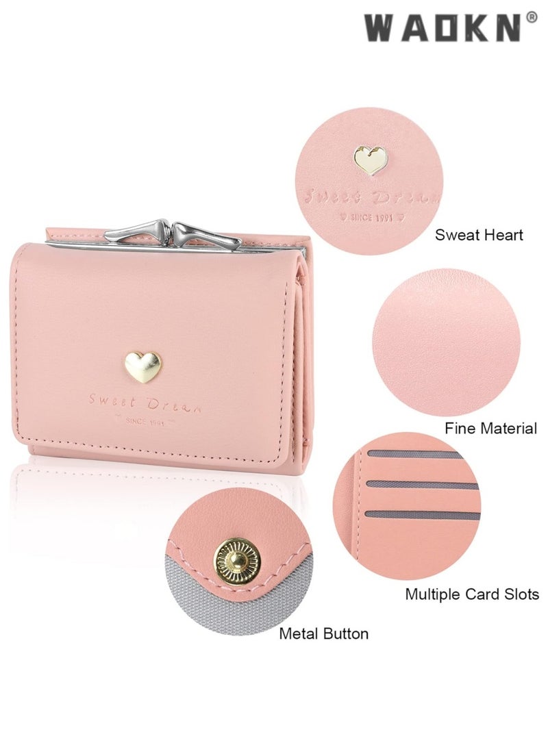 WAOKN Elegant Women's Wallet Handbags Leather Credit Card Holder, Lady's Purse Clutch with Heart-Shaped Metal Buckle, Fashionable Gift(Pink) - Image 4
