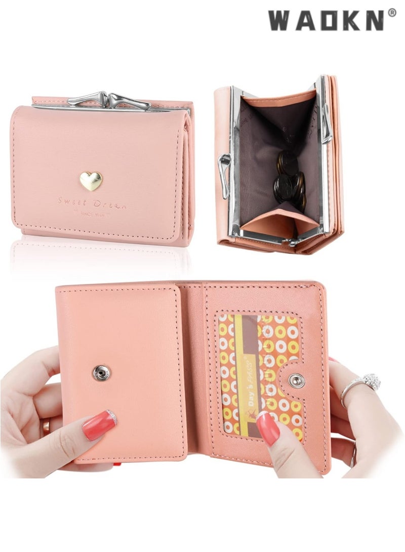 WAOKN Elegant Women's Wallet Handbags Leather Credit Card Holder, Lady's Purse Clutch with Heart-Shaped Metal Buckle, Fashionable Gift(Pink) - Image 3