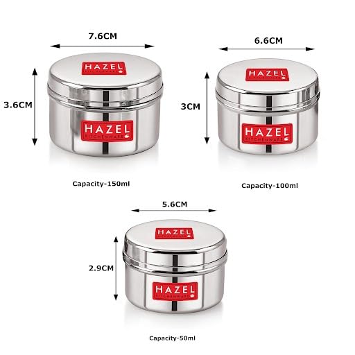 HAZEL Stainless Steel Mini Containers Set of 3 | 50ml, 100ml & 150ml Airtight Dabbi with Lid | Small SS Storage Box for Kitchen Spices & Masala - Image 4