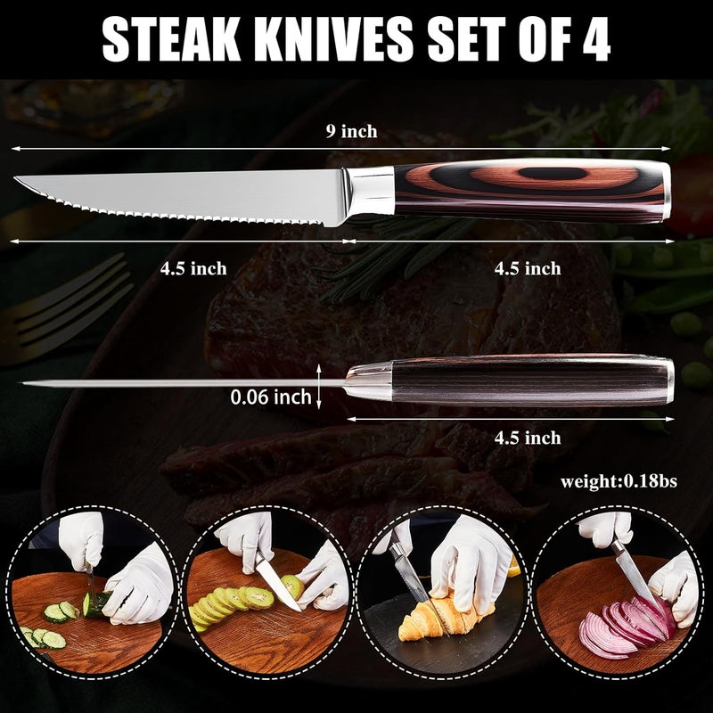 iutgin Steak Knives Set of 4, 4.5 Inch Serrated Razor-Sharp Durable Steak Knife, Japanese Stainless Steel Steak Knives Set with Ergonomic Wood Handle and Gift Box - Image 3