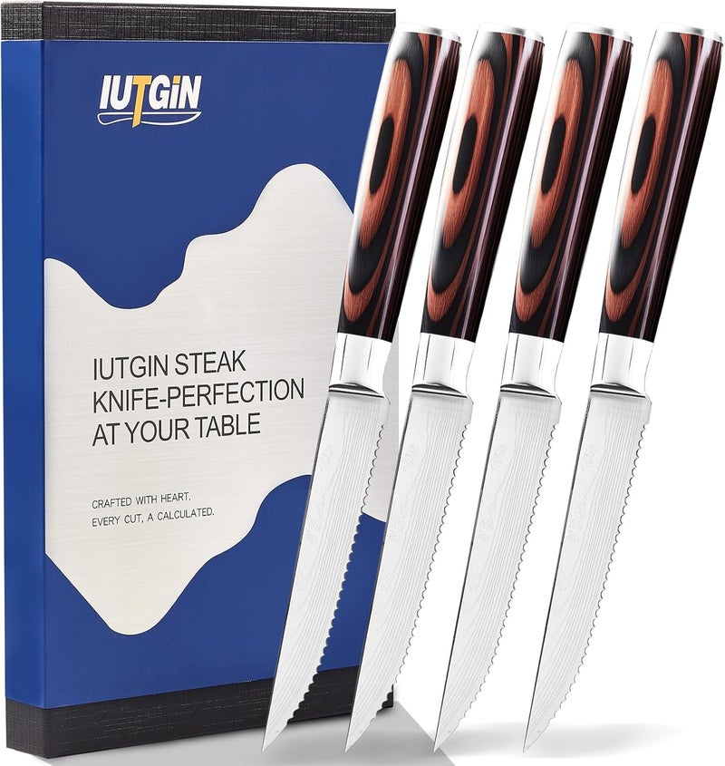iutgin Steak Knives Set of 4, 4.5 Inch Serrated Razor-Sharp Durable Steak Knife, Japanese Stainless Steel Steak Knives Set with Ergonomic Wood Handle and Gift Box - Image 1
