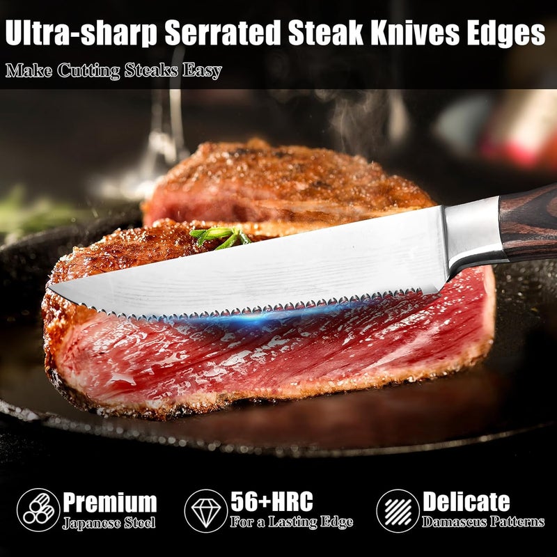 iutgin Steak Knives Set of 4, 4.5 Inch Serrated Razor-Sharp Durable Steak Knife, Japanese Stainless Steel Steak Knives Set with Ergonomic Wood Handle and Gift Box - Image 2
