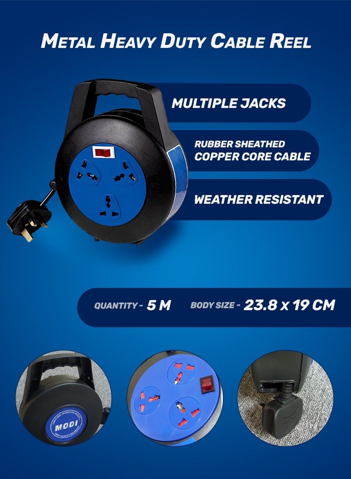 MODI 3 Way Extension Cord 5M Cable Reel With Power Button for Home, Office - Image 4