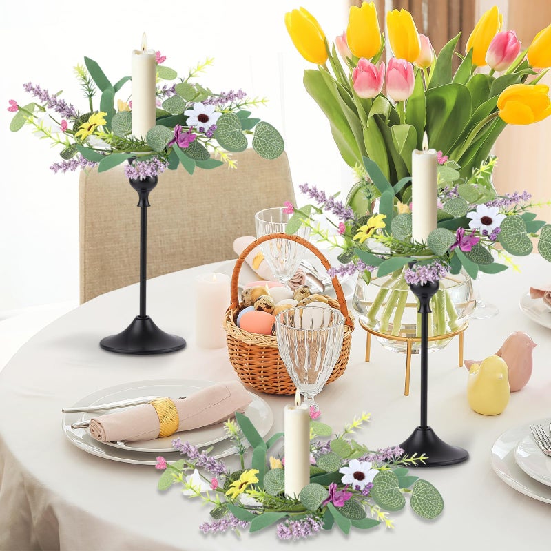 YLOLUL 4 PCS Spring Flowers Taper Candle Rings Wreaths 1.38" Mini Spring Summer Floral Taper Candle Holder Wreaths Colorful Artificial Wildflowers Table Centerpieces Wreath for Church Home Wedding Decor - Image 4