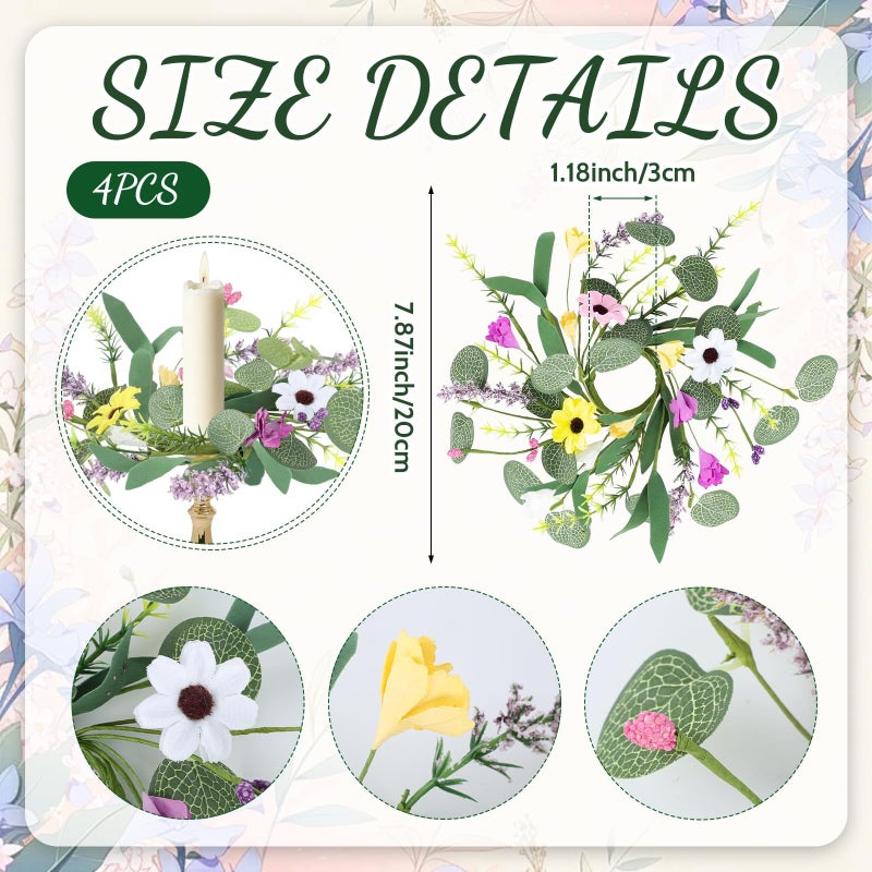 YLOLUL 4 PCS Spring Flowers Taper Candle Rings Wreaths 1.38" Mini Spring Summer Floral Taper Candle Holder Wreaths Colorful Artificial Wildflowers Table Centerpieces Wreath for Church Home Wedding Decor - Image 3